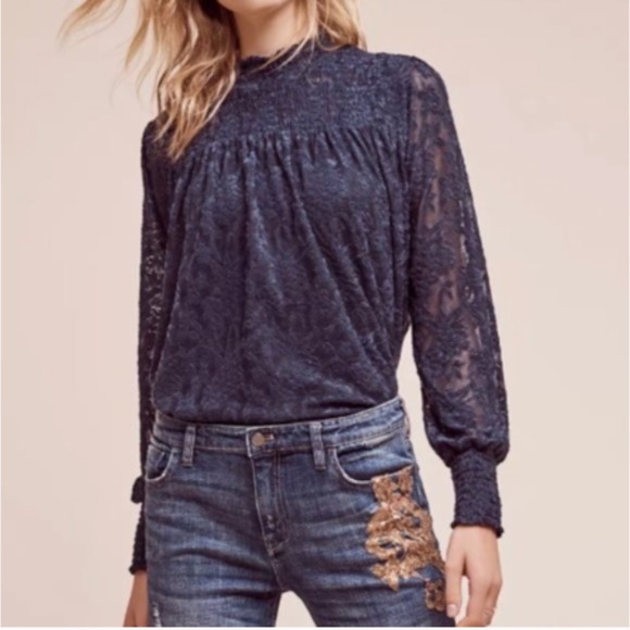 Anthropologie Tops - Anthropologie Deletta blue lace ruched blouse XS